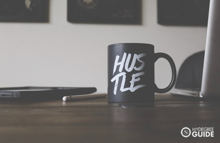 Business office with hustle coffee cup