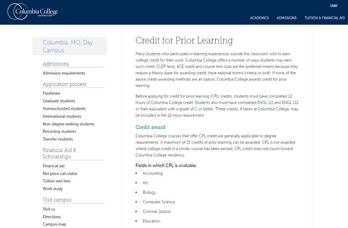 Columbia College Credit for Prior Learning