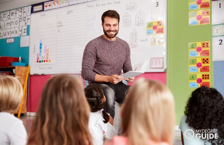 Elementary teacher teaching his students in a classroom
